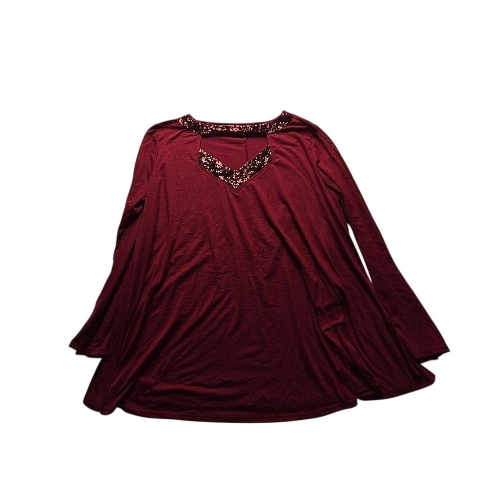 Roaman's Blouse Womens Plus 2X Red V Neck Long Sleeve Sequin Tunic Top